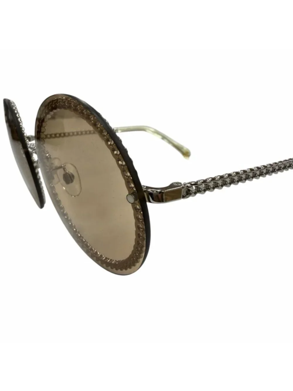 Chanel CC Logo Round Chain Glass Cord Sunglasses Silver Brown Demo Lens Eyewear
